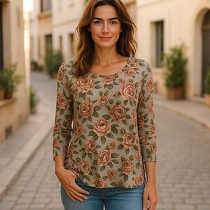 LOGO BY LORI GOLDSTEIN GREEN & BROWN FLORAL DRESSY CASUAL SWING BLOUSE SZ M